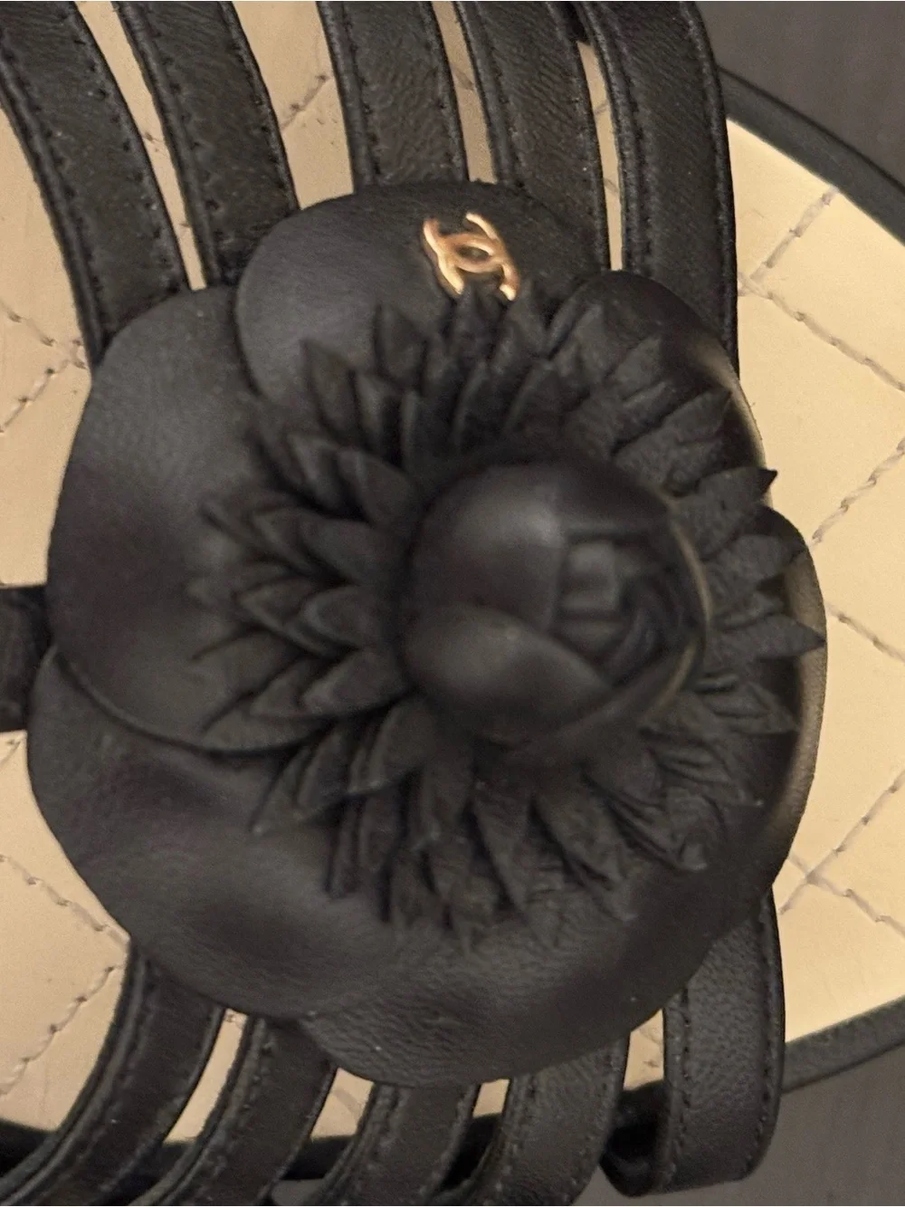 CHANEL Black Leather Camellia T-Strap Sandals